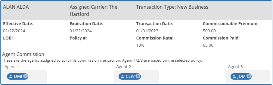 an example of the commission transaction details when matching a transaction to a policy