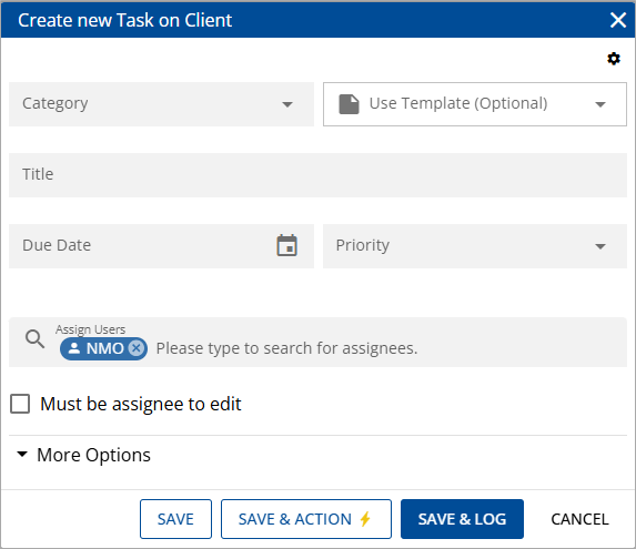 create task window An image of the create task window on a client with no details selected yet.